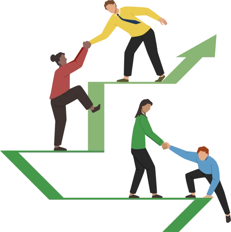 Illustration: Menschen helfen einander eine Treppe hinauf