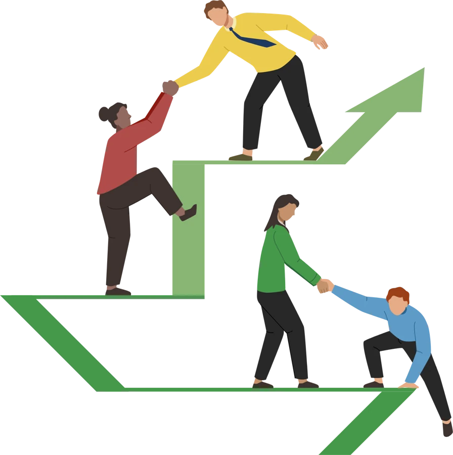 Illustration: Menschen helfen einander eine Treppe hinauf