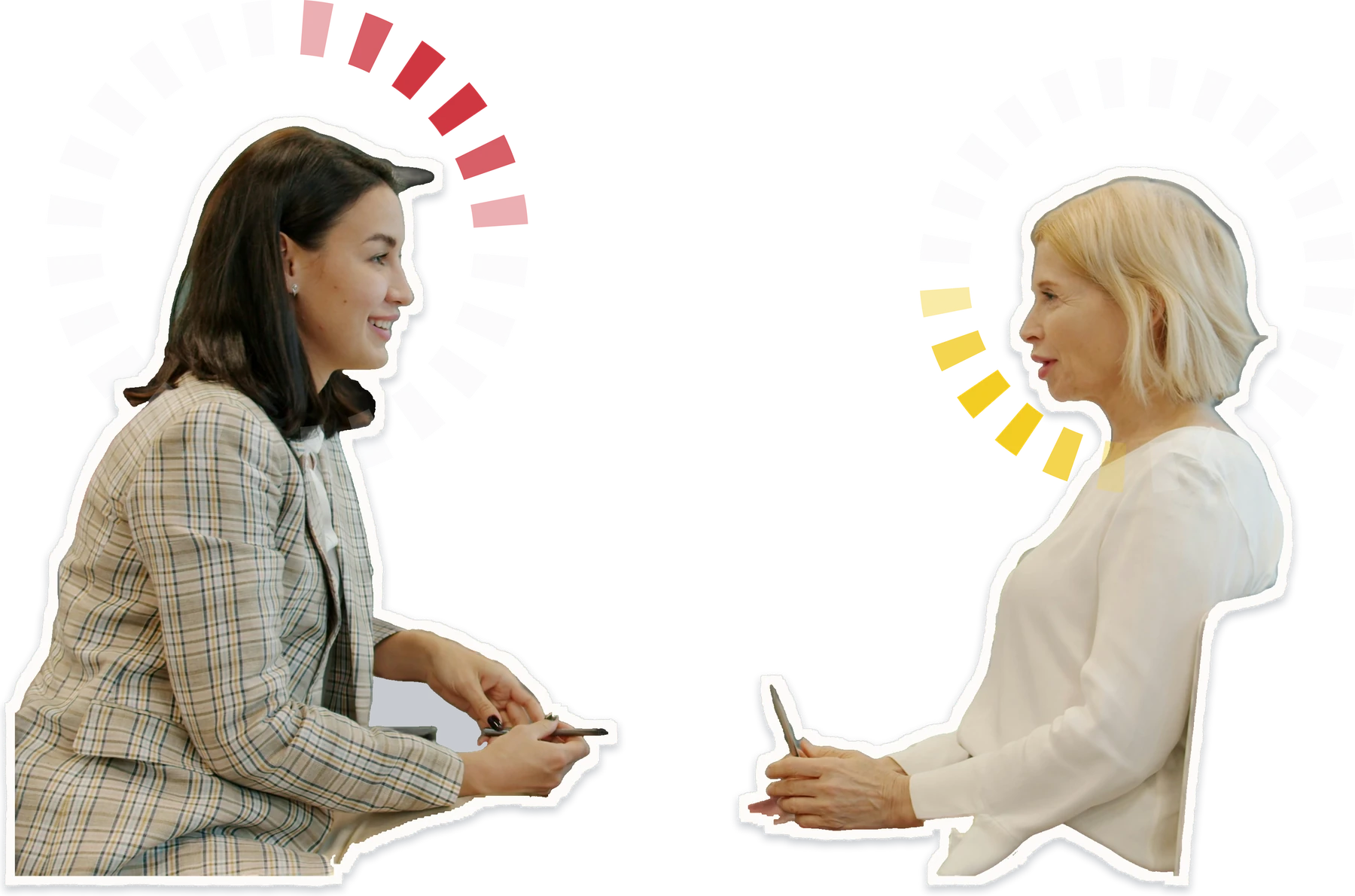Zwei Frauen im Kundengespr&auml;ch am Schreibtisch, um jeden Kopf ein Zirkumplex: links der initiative, rechts der gewissenhafte Stil